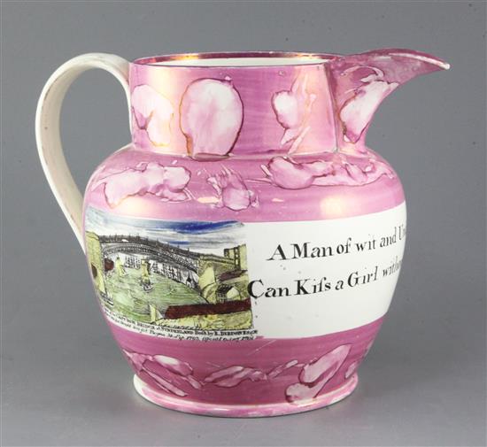 A large Sunderland pink splash lustre decorated jug, early 19th century, height 24cm, hairline cracks